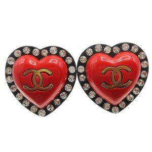 Chanel Heart Rhinestone Earrings Clip-On Red Black 95P 58084